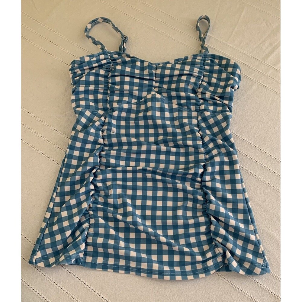 Lime Ricki Swim Tankini Top Shorts Bottom Set Size Medium Blue Gingham - Picture 2 of 12